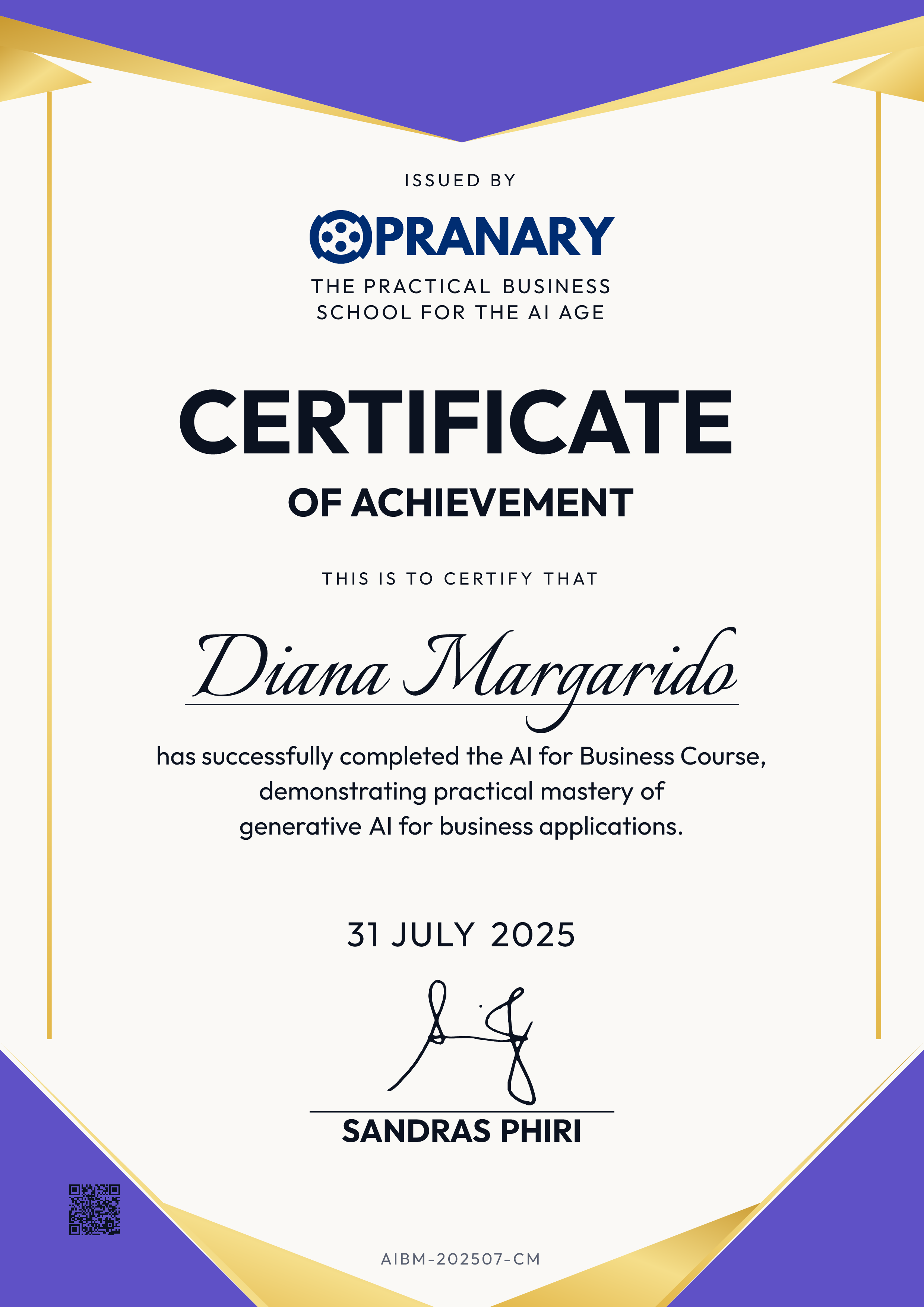 Certificate awarded to Diana Margarido