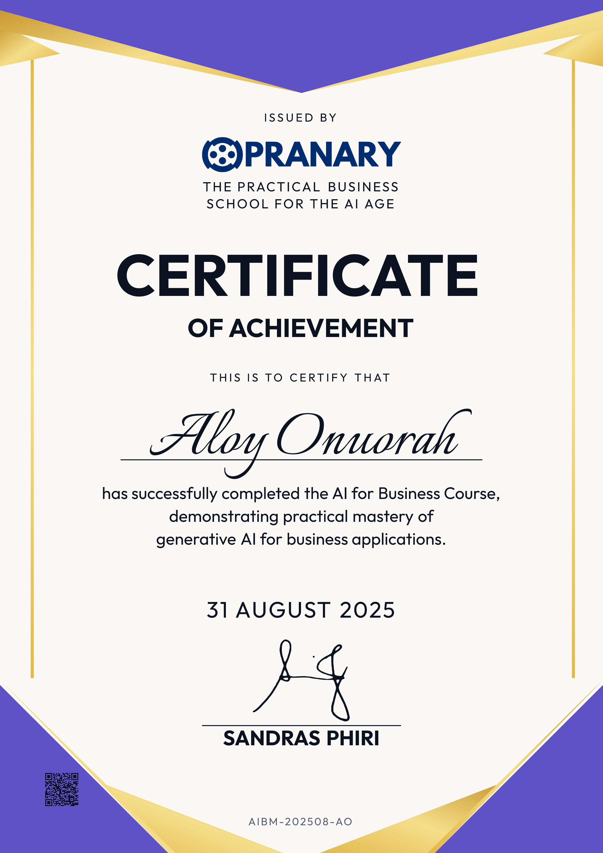Certificate awarded to Aloy Onuorah