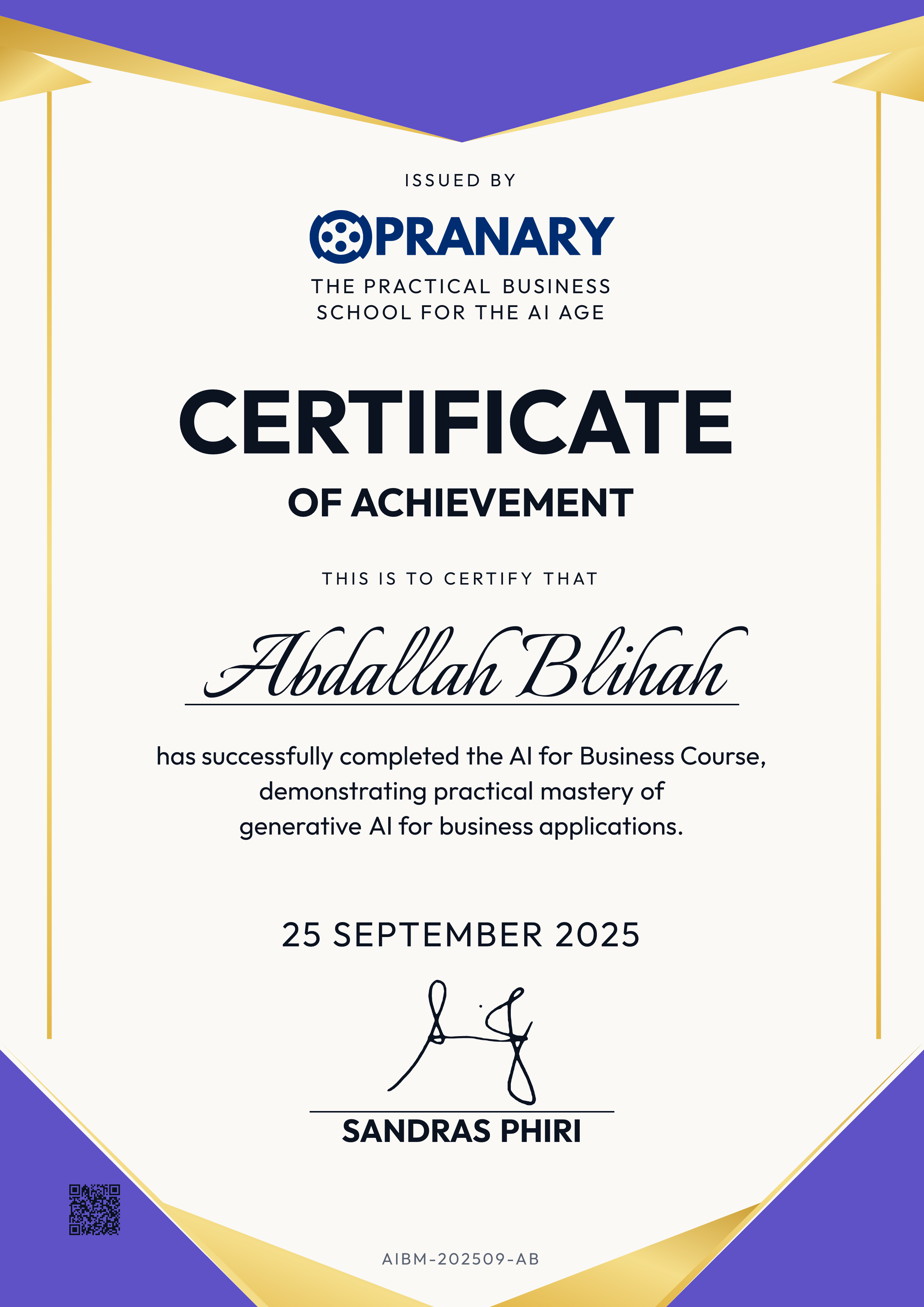 Certificate awarded to Abdallah Blihah