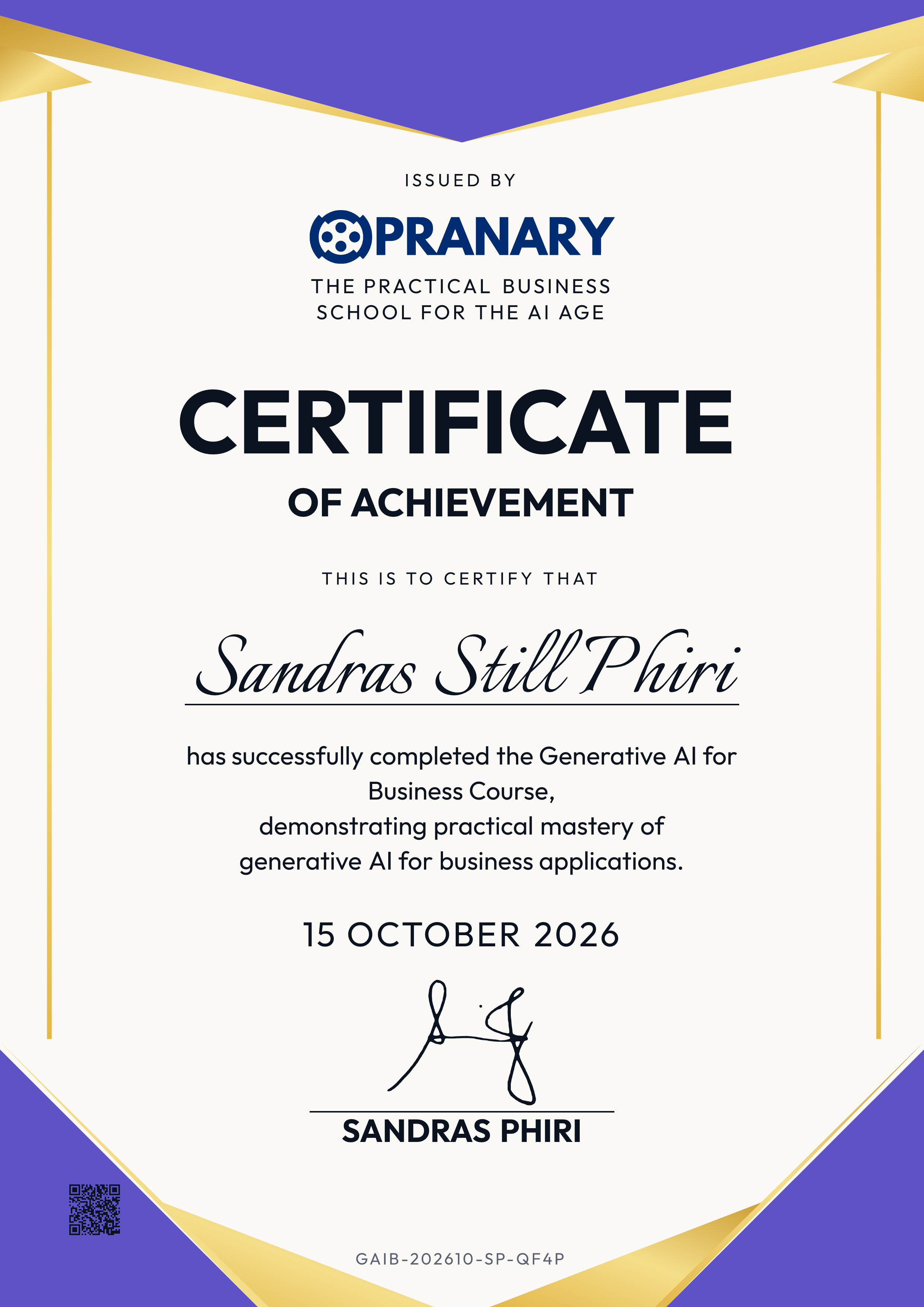 Certificate awarded to Sandras Still Phiri